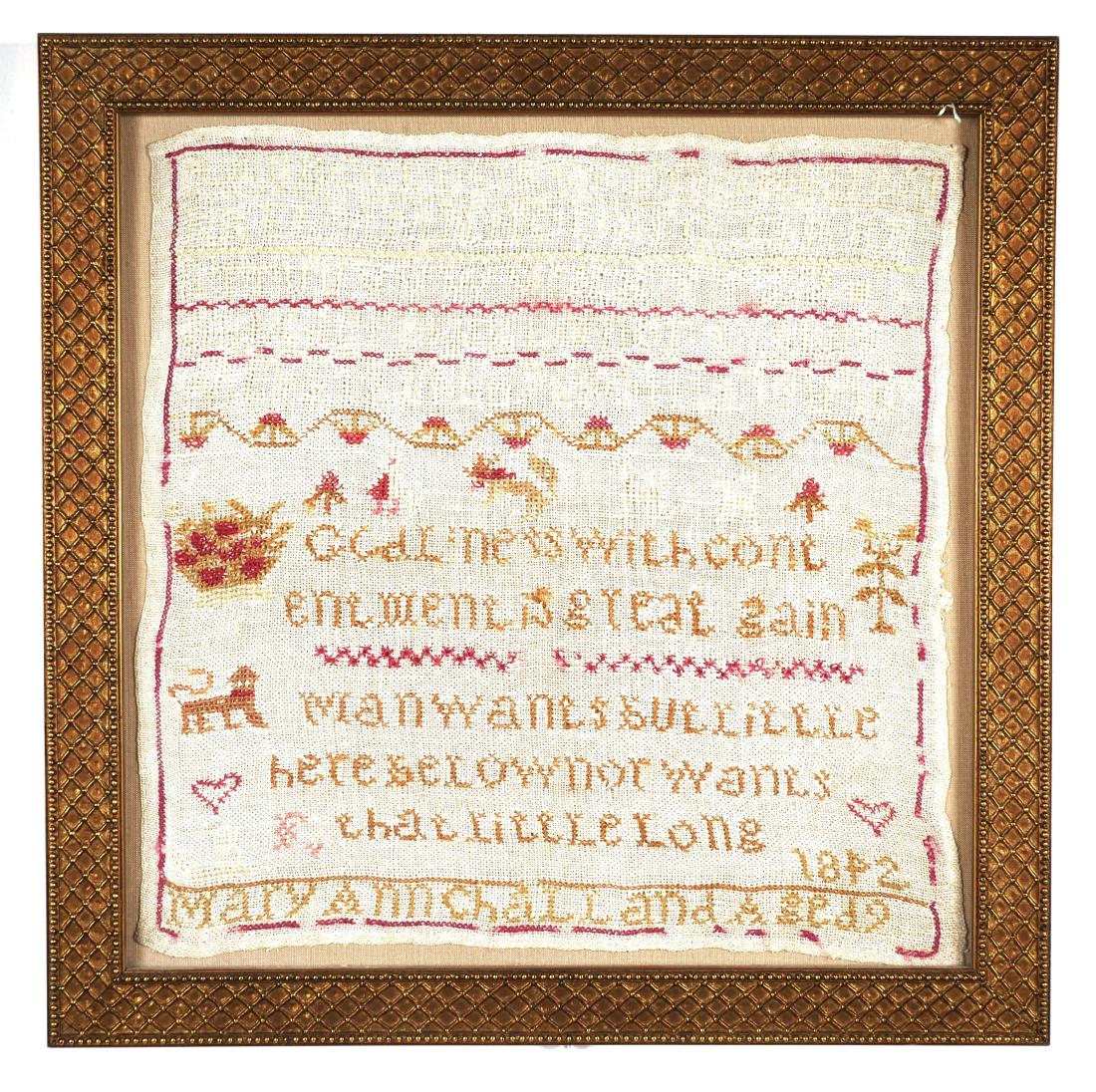 1842 Dated American Alphabet Sampler: Old sampler, with all alphabet letters almost invisible (very light colored thread) -- no crown at the end. Darker embroidery includes "Godliness with contentment is great gain" (I Tim. 6:6) and "Man