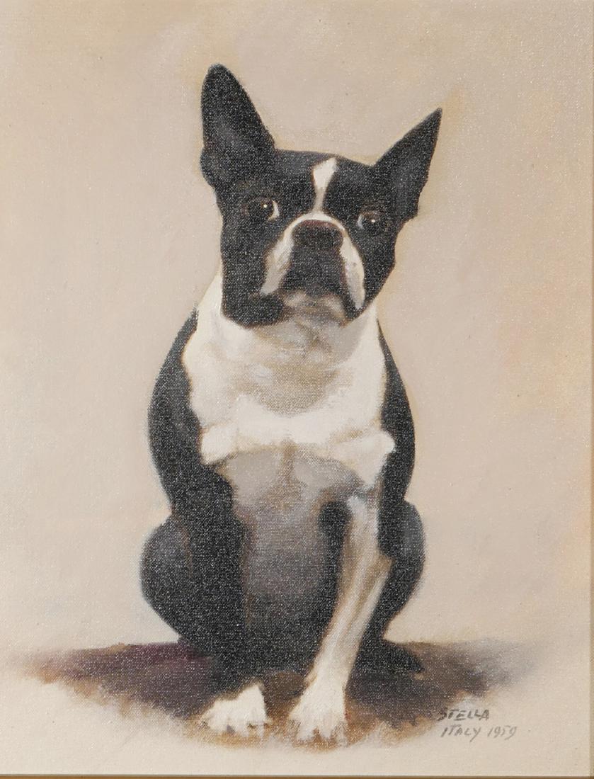 Boston Terrier Portrait Painting: Original painting on canvas board showing a Boston terrier. Signed and dated 1959 at lower right. Board measures 14Ã¢â‚¬Â x 11Ã¢â‚¬Â.