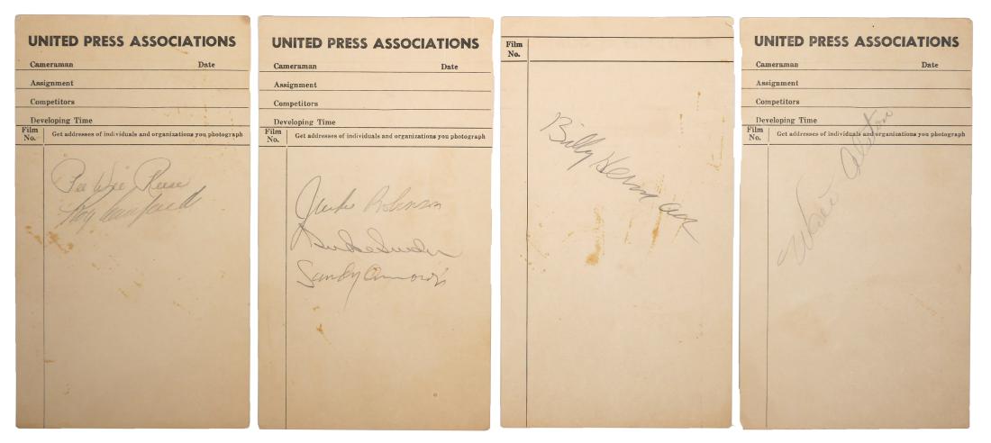 JACKIE ROBINSON ROY CAMPANELLA Signed Cards: 3 United Press Association cards, measuring 7-1/4" x 4-1/4", signed by members of the Brooklyn Dodgers and others. First card is signed by Jackie Robinson, Duke Snider and Sandy Amoros on the front, a