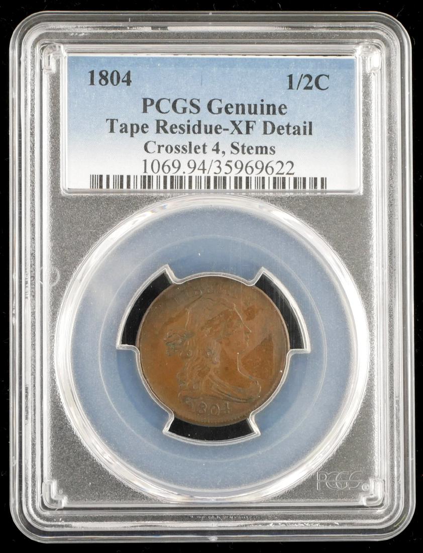 COIN: 1804 1/2C Half Cent PCGS XF Detail: Crosslet 4, Stems variety. Authenticated PCGS Genuine, Tape Residue, XF Detail. Gorgeous 215 year old coin.