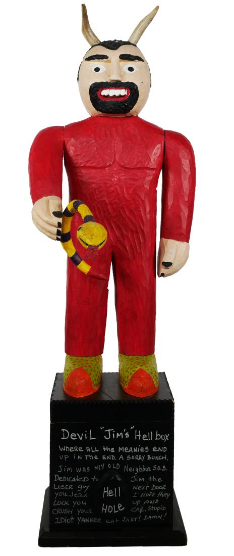 SHANE CAMPBELL, Devil Box Folk Art 29": Folk or outsider art carved wood piece by Campbell, East Tennessee. Dated 2004, an articulated devil on the lid of a platform on which is written "Devil Jim's Hell Box." Written on all four sides is a