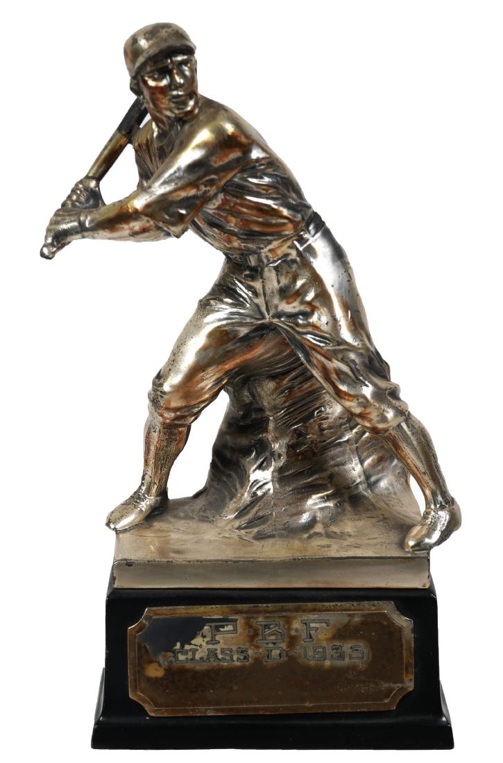 1935 BASEBALL Trophy Weidlich Brothers: Silvered vintage baseball trophy bearing mark for Weidlich Brothers. Front plate engraved "PBF Class of 1935." Measures about 8-1/4" high.