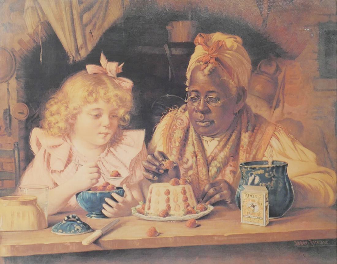 Black Americana: Knox's Gelatin Ad Lithograph: Old offset litho advertisement for Knox Gelatin. Framed in old Victorian oak frame with some gesso chips. Measures 26" x 30" overall.