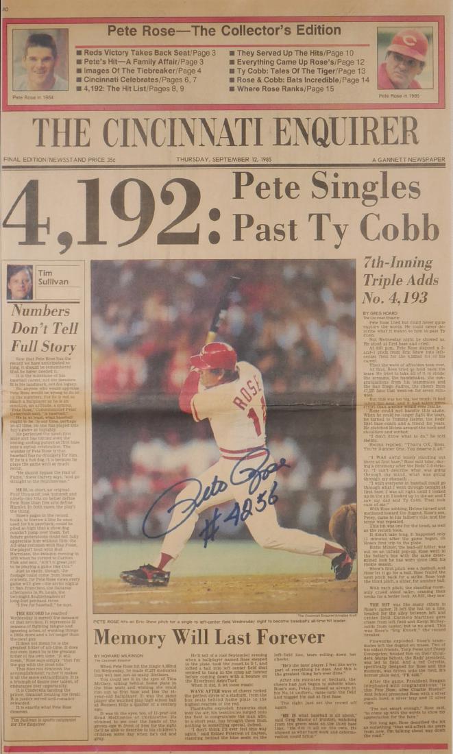 PETE ROSE Signed Cincinnati Newspaper: Front page of the Cincinnati Enquirer, dated Sept. 12, 1985. Headliner is Rose's breaking Ty Cobb's career hit record of 4,191 -- Rose went on to hit about five dozen more before he retired. Rose has