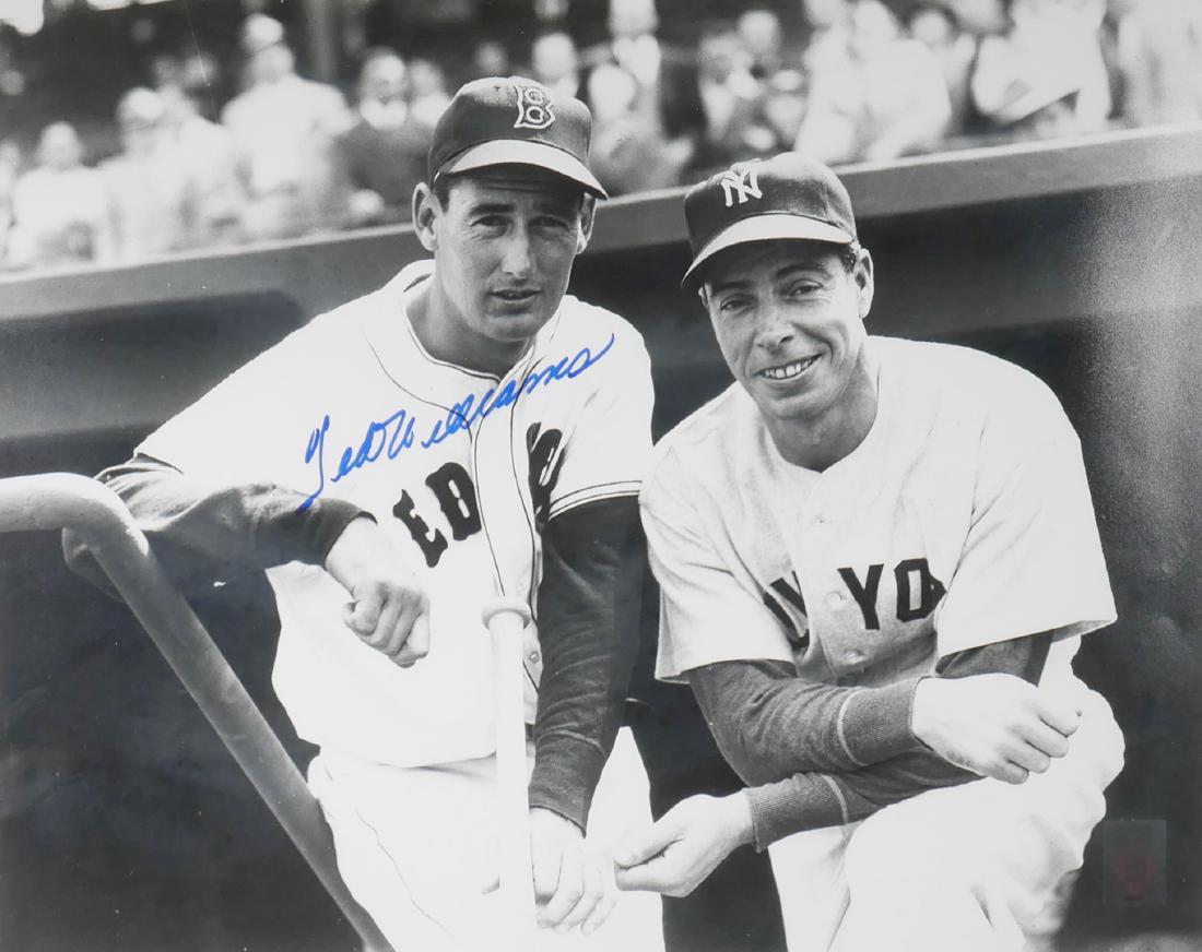 TED WILLIAMS, Signed Photograph: Photograph of Ted Williams and Joe DiMaggio, signed by Boston Red Sox Hall-of-Famer Ted Williams. Ted Williams authentication hologram at lower right corner. Nicely framed to 23" x 27". Unconditionall