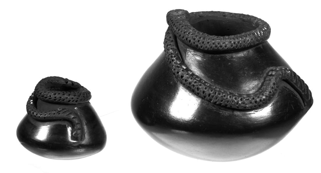 Signed Pueblo Blackware Pottery Snake Jars: Two signed San Ildefonso or Santa Clara jars or pots with figural snakes around the rims. Larger one measures about 5" diameter and 4" high, the other 2-1/2" diameter and 2" high. Both illegibly signe