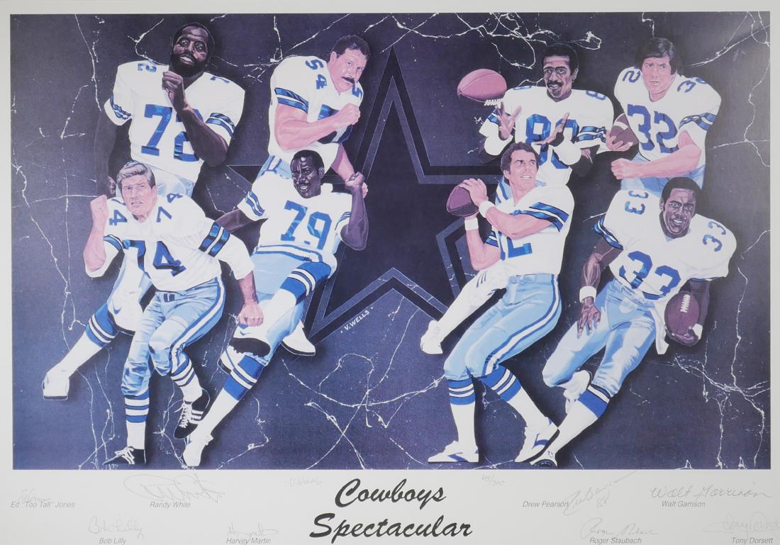 Dallas Cowboys Signed Print: STAUBACH, DORSETT: Limited edition (48/550) print of a painting by Vernon Wells, signed by 8 Dallas Cowboys football players including Tony Dorsett, Roger Staubach, Ed "Too Tall" Jones and others. Circa 1993 with paperw