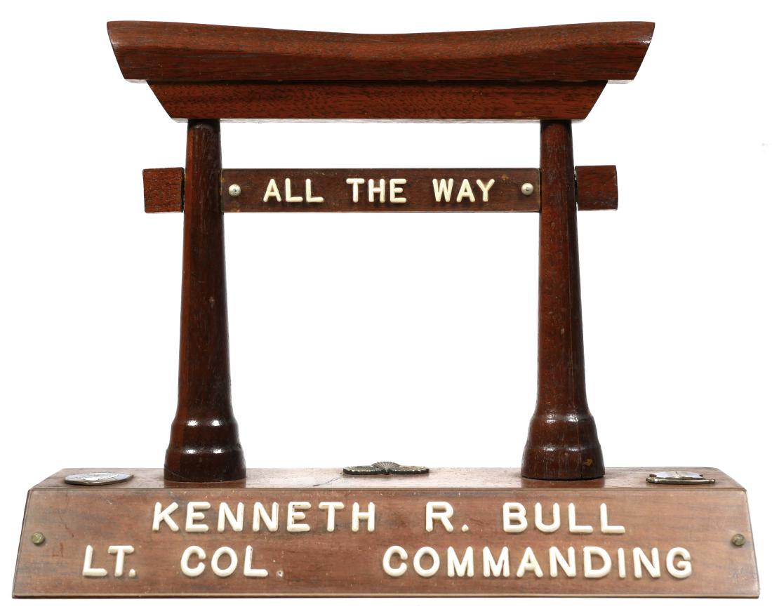 RAKKASANS 187th Airborne Reg Commander Placard: Airborne LTC desk nameplate. Rakkasan and airborne badges. Measures 11-1/2" wide. (From the estate of Col. Kenneth R. Bull, 187th Inf., 101st Airborne Div., along with several items from today's sale.