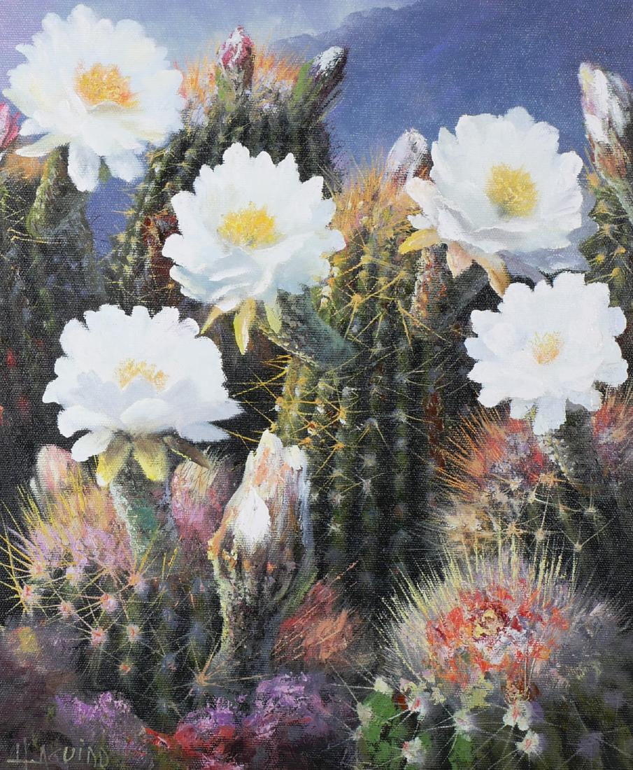 Southwestern Desert Cactus Painting, Contemporary: Oil on canvas of blooming cacti entitled "White Blooms" by artist Segundo Huertas Aguiar (Argentinian, 1923-2010). Signed lower left, "H. Aguiar". Good condition. Obtained in Southwestern (possibly Ne