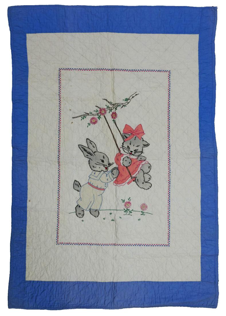 Antique Crib Quilt: Hand stitched quilt depicting rabbit playing with a cat. Measures 52" x 35". A few spots.