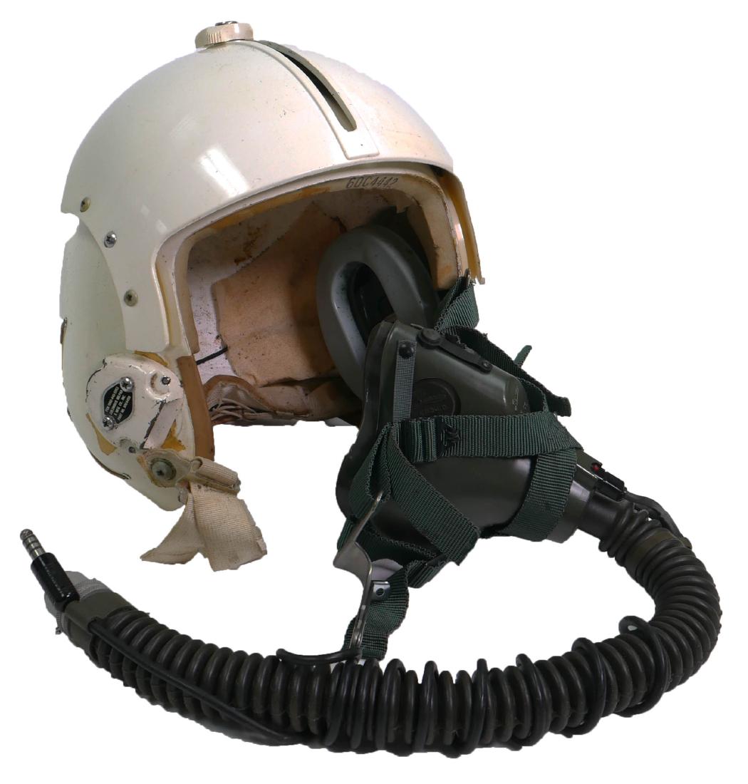 Vietnam War Era Military Pilot's Helmet & Mask: Vintage circa 1970 Air Force pilot's helmet and mask. Needs to be cleaned and inside foam padding needs replacement. Structurally solid. Shade intact. Rubber hose supple. Minor wear from normal use.
