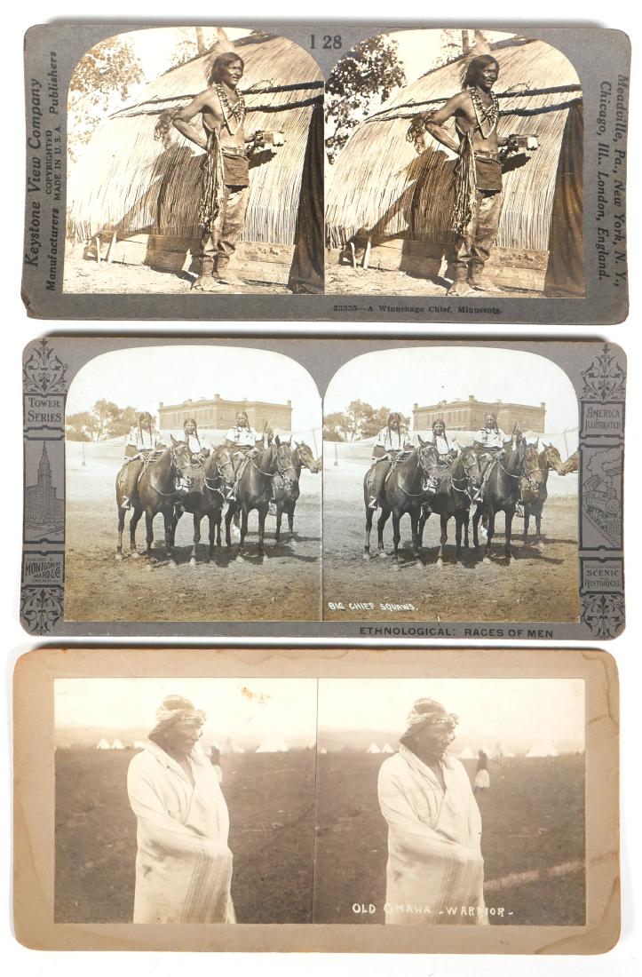Stereograph Views of Native Americans (3): Includes A Winnebago Chief, "Big Chief Squaws," and an Old Omaha Warrior. Good condition.