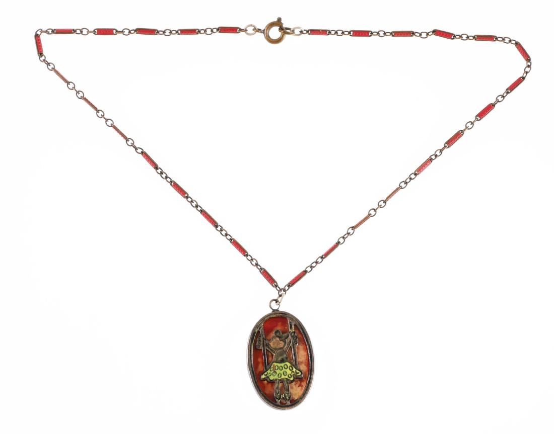 Early MINNIE MOUSE Sterling Child's Necklace: Old Walt Disney jewelry piece, a 12" sterling silver necklace with enameled chain and pendant, which depicts Minnie Mouse on a swing. Very scarce and early Disney item, likely from the 1930s.