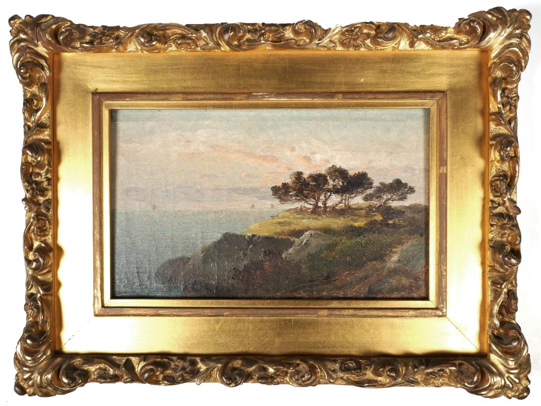FRANKLIN HARRISON MILLER, Seascape Oil Painting: Attributed to Franklin Harrison Miller (American, 1843-1911) with artist's name in pencil on verso, and dated 1910. Painting shows an ocean cliff with sailboats in the distance. Oil on canvas affixed 