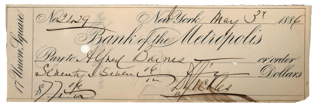Civil War GENERAL SICKLES Signed Check: Check dated 1886, signed by Daniel Sickles, Civil War major general who lost his leg to a cannon ball at Gettysburg. Apparently a 12-pound ball shattered his leg, whereupon he quieted his horse, dismo