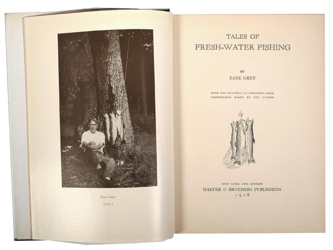 ZANE GREY First Edition Fishing Book 1928: Tales of Fresh Water Fishing, by Zane Grey. Stated first edition with dust jacket. Some wear to top and bottom of DJ, but boards and pages are very nice.