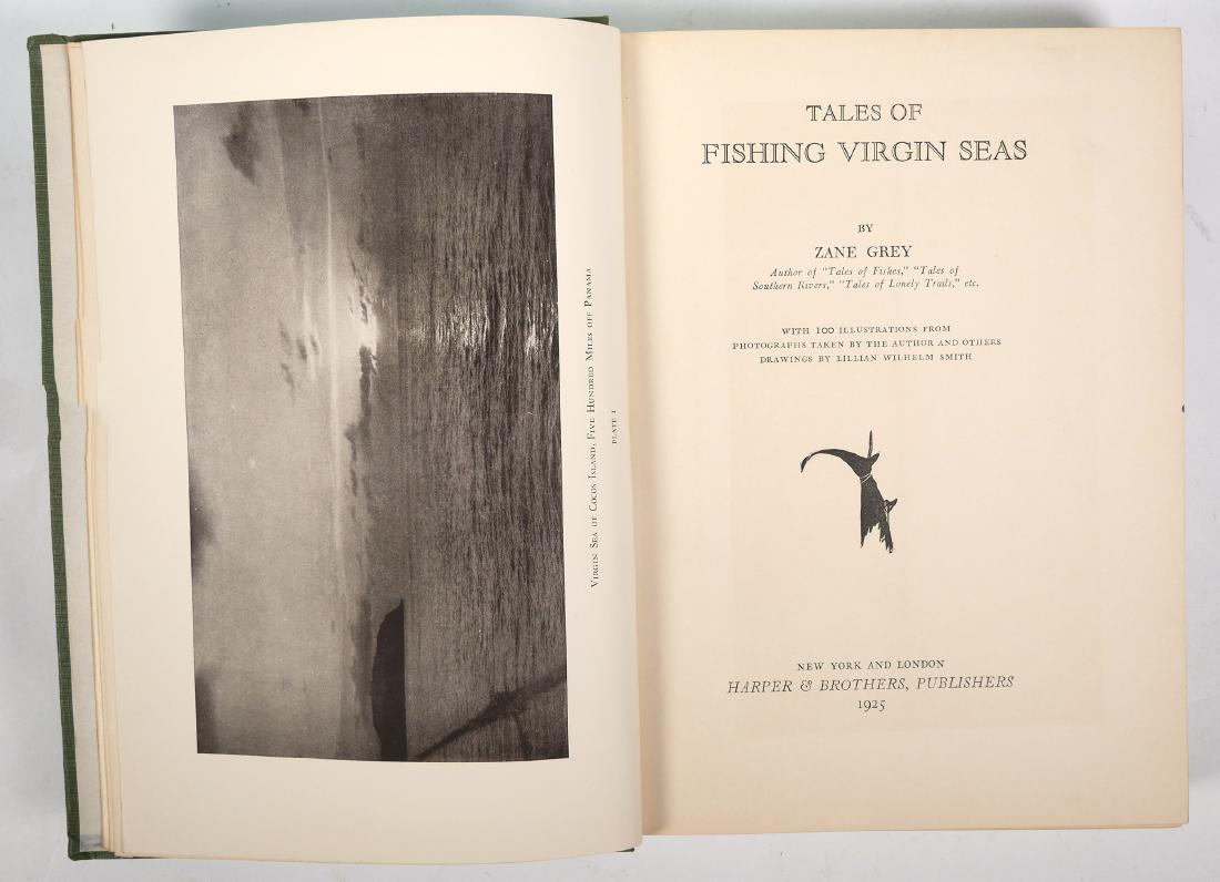 ZANE GREY First Edition Fishing Book 1925: Tales of Fishing Virgin Seas, by Zane Grey. Stated first edition with dust jacket. Some wear to top and bottom of DJ, but boards and pages are very nice.