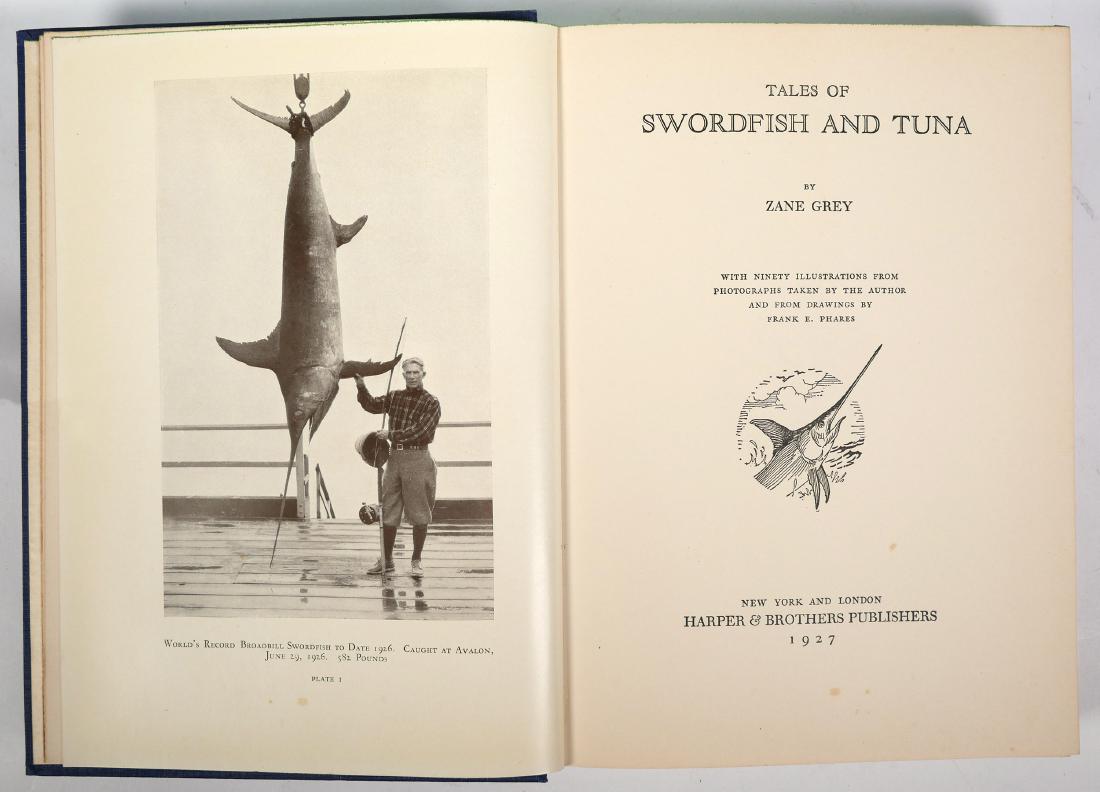 ZANE GREY First Edition Fishing Book 1927: Tales of Swordfish & Tuna, by Zane Grey. Stated first edition with dust jacket. Some wear to top and bottom of DJ, including short tears and chipping, but boards and pages are very nice.