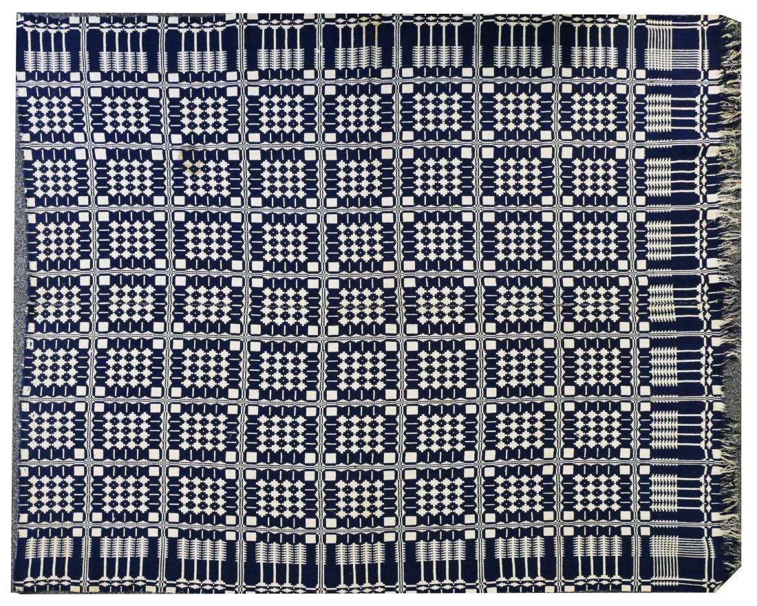 Jacquard Antique Blue & White Coverlet: Measures about 80" x 68". Some spots, as shown in images.