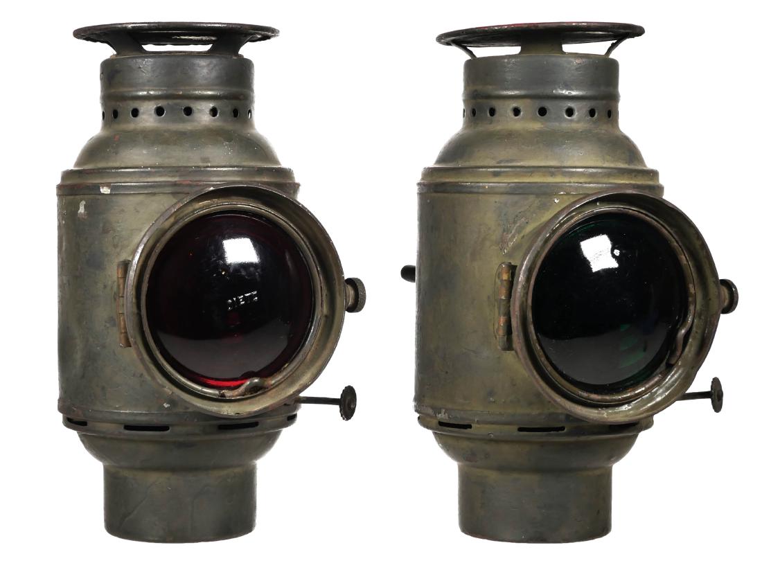 DIETZ Red & Green Lens Railroad Lanterns: Measure about 8-3/8" high. Used condition.