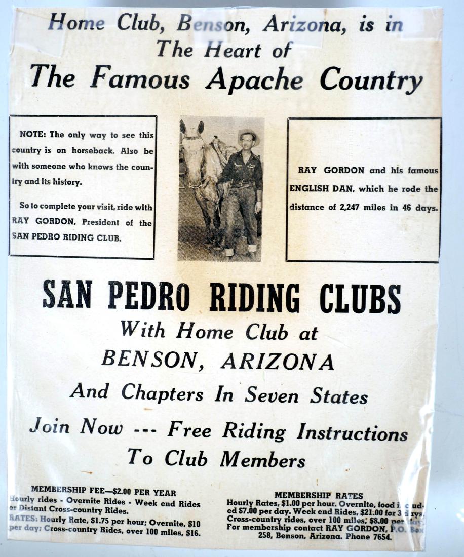 1950 Advertising, Arizona Horse Riding Club: Small 12-1/2" x 10" poster board advertising Benson, Arizona, horse riding club. Photo of Ray Gordon and his horse, English Dan, which -- according to the poster -- he rode for 2,247 miles in 46 days.