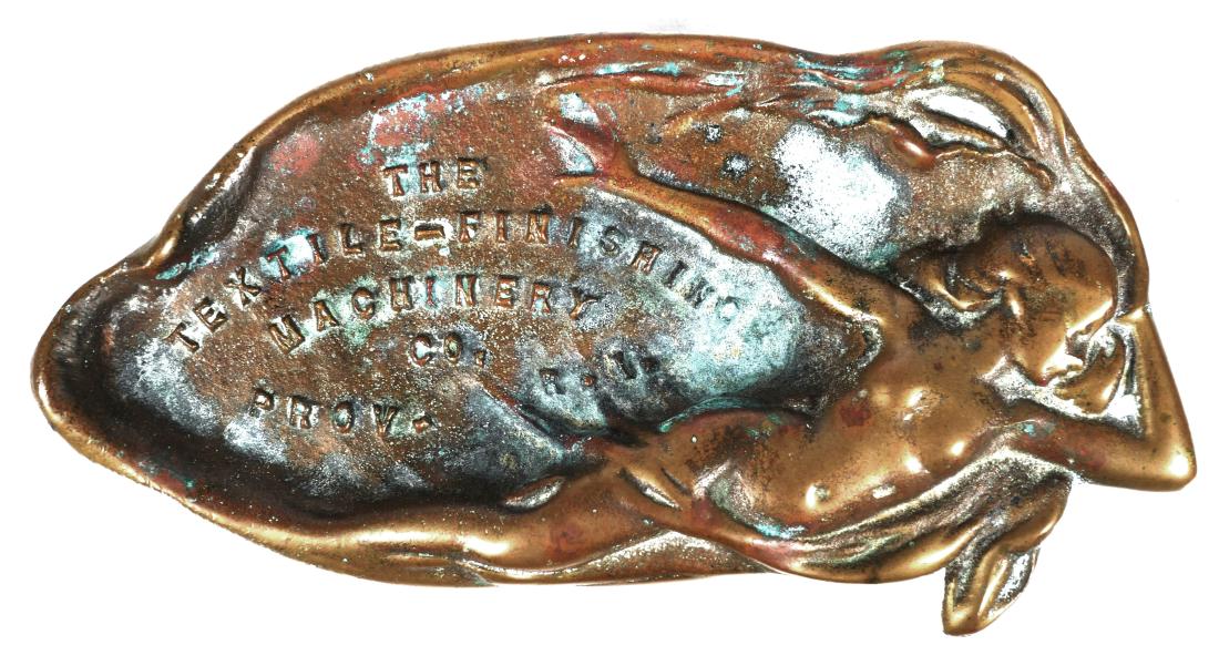 1890s Bronze Nude Art Nouveau Advertising Tray: Card or ash tray advertising the Textile Finishing Machinery Co. of Providence, R.I. Depicts relief sculpture of reclining nude woman, very much an Art Nouveau styled piece, circa 1890-1900. Measures 