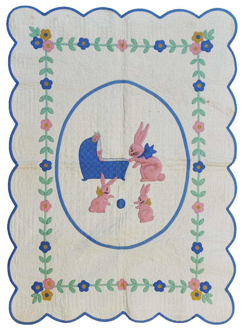 Antique American Handmade Crib Quilt: Depicts a mother rabbit tending to a rabbit in a crib as two other rabbits play. Hand stitched. Measures about 45" x 33". A few spots, as shown in images.