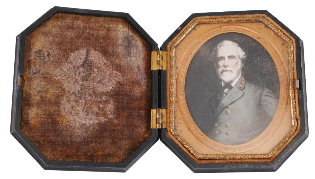 ROBERT E LEE Portrait in Tintype Case: Old colored portrait of General Lee in old tin type case. Appears to be a print of some sort -- no dot pattern at all -- possibly from a postcard. Case measures about 3-3/4" x 3-3/8".