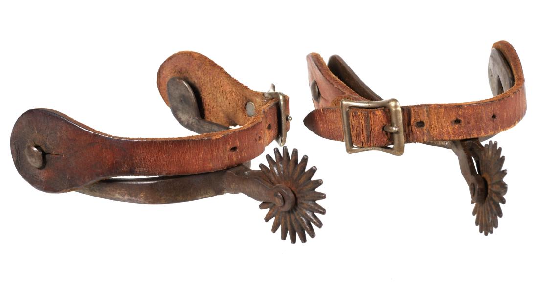 Antique SPURS for Cowboy Boots: Old pair of spurs. Leather appears newer, in nice condition. Spur rowel measures about 1-5/8" diameter.