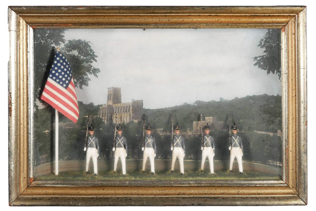 Old Diorama WEST POINT Cadet Toy Soldiers: Old framed diorama of West Point with cadets (old cast lead soldiers) mounted in the foreground. Piece measures about 8-1/2" x 12-1/2". Circa early 20th century (has 48-star flag, likely 1920s-30s).