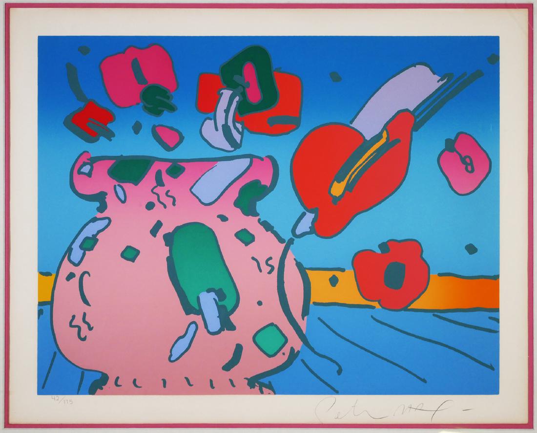PETER MAX, Lithograph, Flowers: Peter Max (American, b. 1937) lithograph of flowers in a vase & pastel colors, on watermarked paper. Pencil signed at lower right. limited (42/175) at lower left. Image size, 18" x 24".