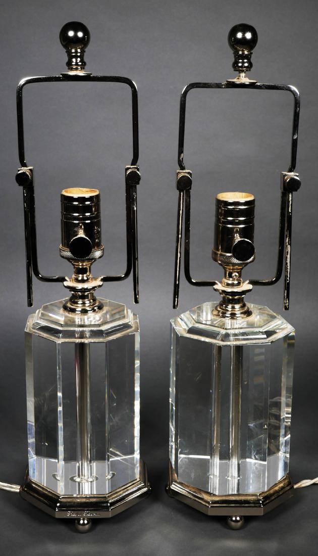 RALPH LAUREN Crystal Lamps (Pair): A pair of heavy, high-quality crystal table lamps, by Ralph Lauren Home. Each measures 17 1/2" tall including the harp.