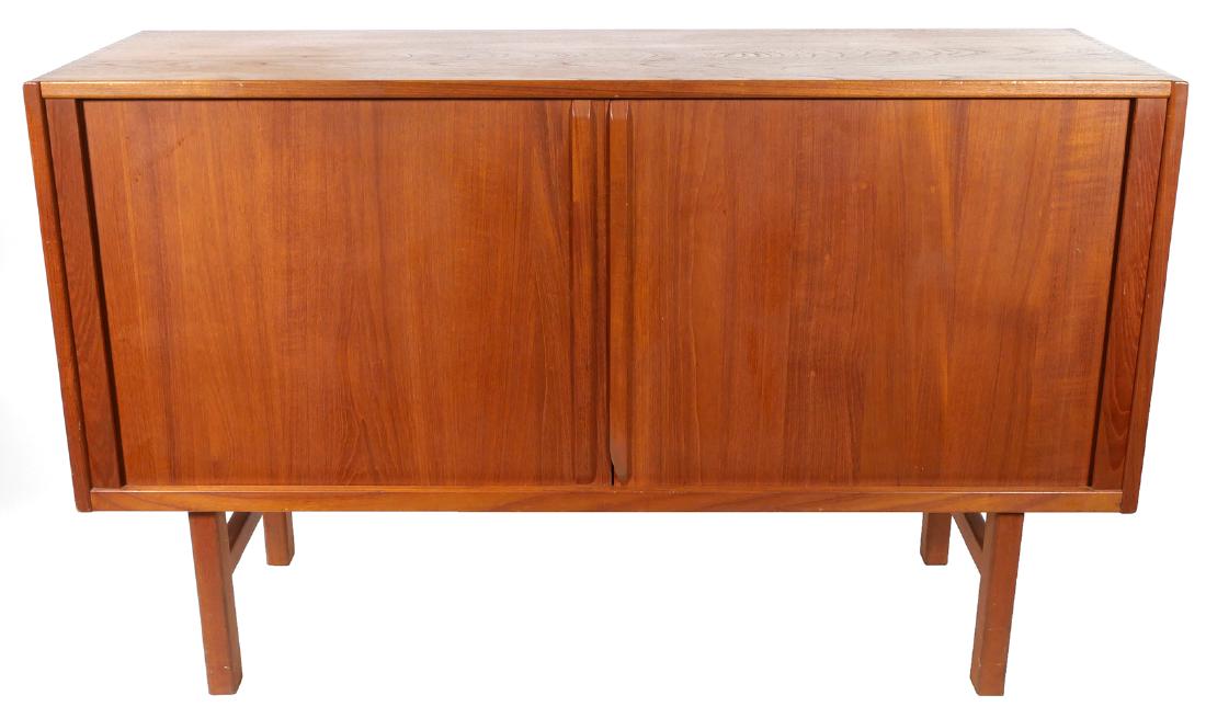 NILS JONSSON, MCM Buffet Sideboard: Mid-Century Modern teak sideboard by Nils Johnsson, Sweden. Two tambour doors with draws behind one side. Measure 31" x 50" x 16".