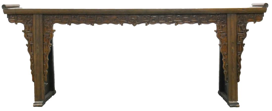 Antique Chinese 8' ALTAR TABLE Hand Carved: Chinese altar table with hand carved skirt and dragon motif openwork side panels. Late Qing Dynasty/Republic period. Measures 99" wide, 36 1/2" tall and 14" deep.