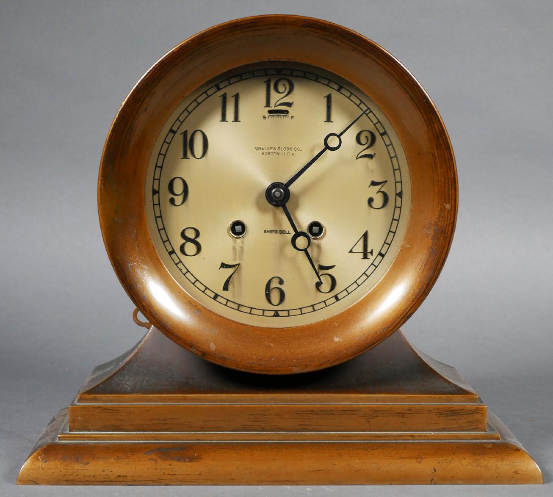CHELSEA Ship's Bell Mantel Clock, Boston: Antique Chelsea Ship's Bell clock. Runs when wound. Measures 9-1/2" high. Beautiful, dark patina from age.