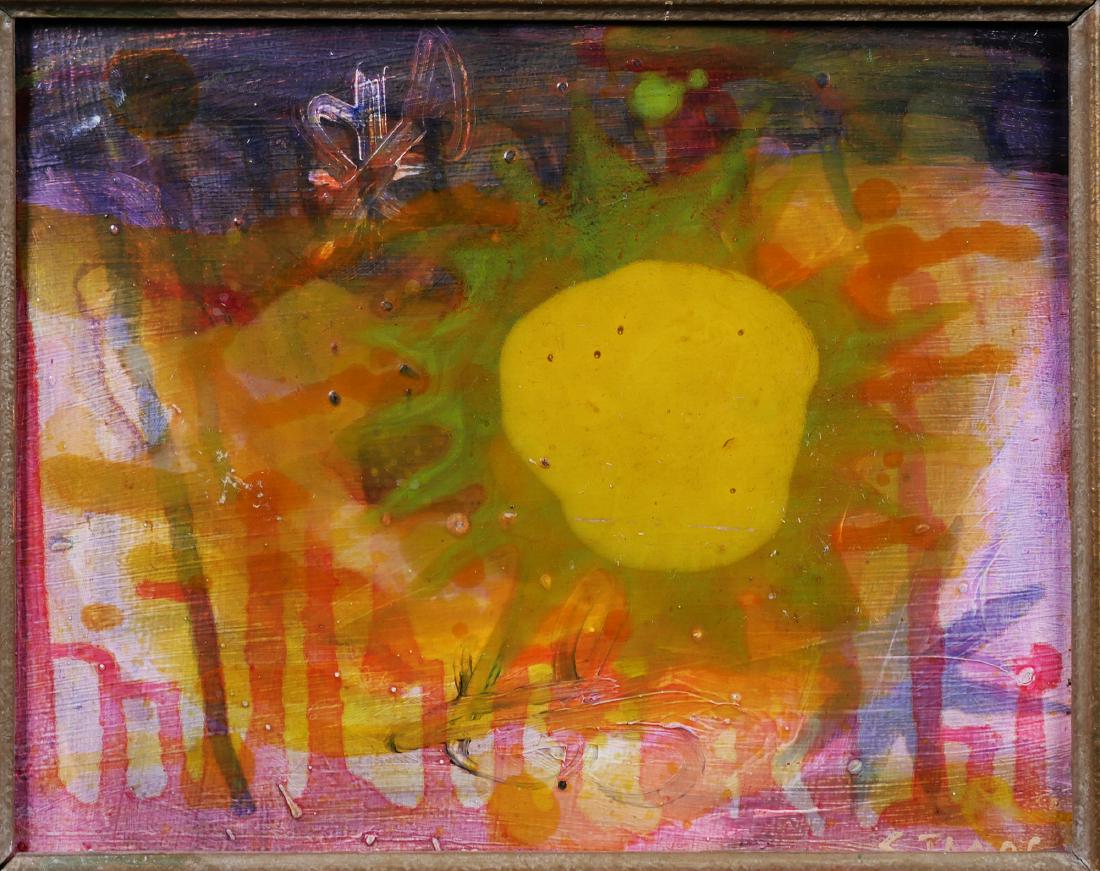 THEODOROS STAMOS, Abstract Oil on Board: Oil on board painting attributed to Theodoros Stamos (American, 1922-1997) . Abstract imagery shows layers of pinks, reds and yellows. Signed STAMOS at lower right. Board measures 8" x 10".