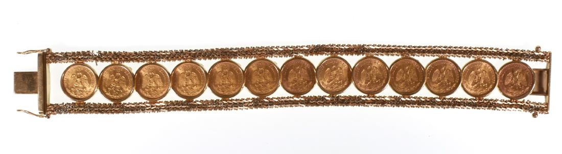 MEXICO 2 PESO GOLD COINS Bracelet: Vintage 18k gold bracelet with 13 Mexican 1945 two peso gold coins (22k). Weighs 49.2 grams total (21.7 grams of 22k, 27.4 grams of 18k). About 7" long and 7/8" wide.