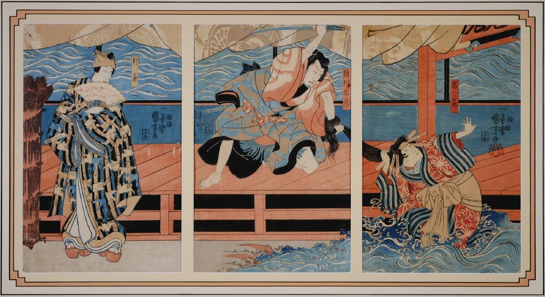 UTAGAWA KUNIYOSHI, Kabuki Triptych, 19th Century: Antique Japanese woodblock print of a Kabuki scene in front of a harbor, by Utagawa Kuniyoshi (Japanese, 1797â€“1861). Framed size measures 23" x 37".