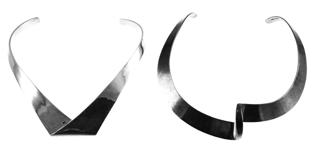 2 Mexican Modernist Sterling Silver Necklaces: Two Vintage Mexican sterling silver Modernist choker necklaces. 4.15 Troy ounces.