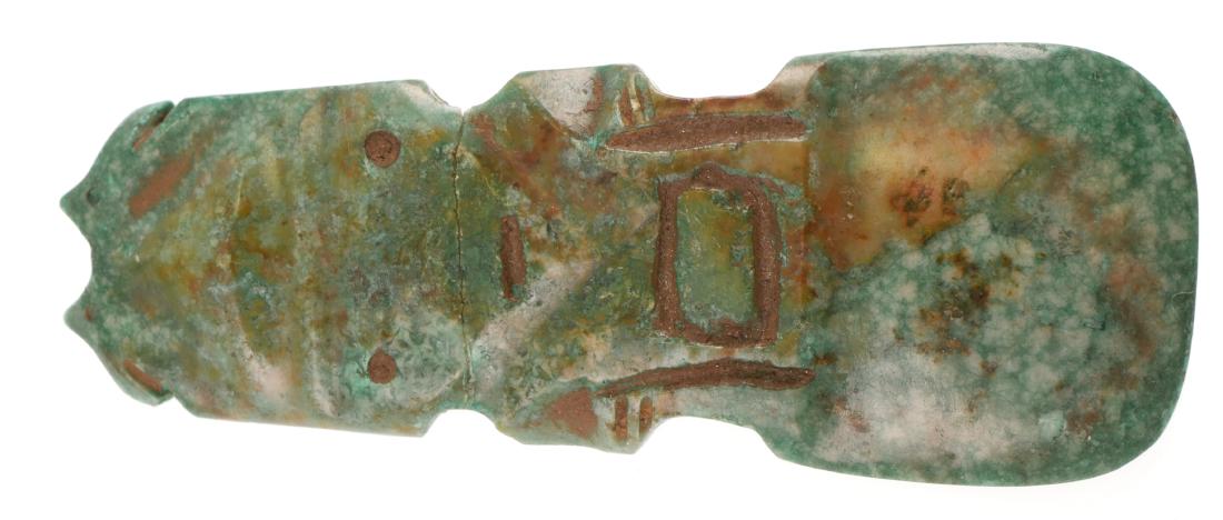 PRE-COLUMBIAN JADE Avian Celt: PreColumbian avian axe god ceremonial celt, green jade. Nicoya, Costa Rica, 300-800 AD. Measures about 3" long. From extensive, museum-quality South Florida private collection. Unconditionally guarant