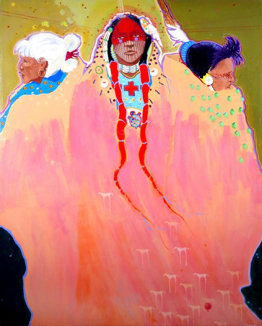 JIM NELSON, O/C Native American Painting: Titled "The Grandmother, The Mother and The Pride" on accompanying paperwork. In this oil painting Jim Nelson (American, 20th C) shows the relationship between the generations of Native American Women