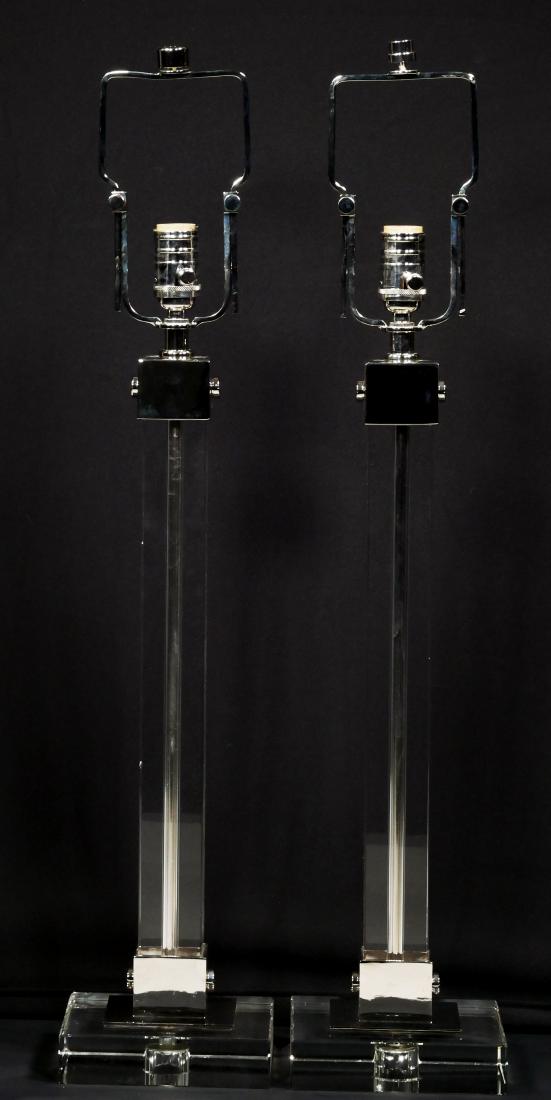RALPH LAUREN Crystal Pillar Lamps, Pair: Pair of square crystal pillar table lamps by Ralph Lauren Home, each measuring 27" tall without the harp.