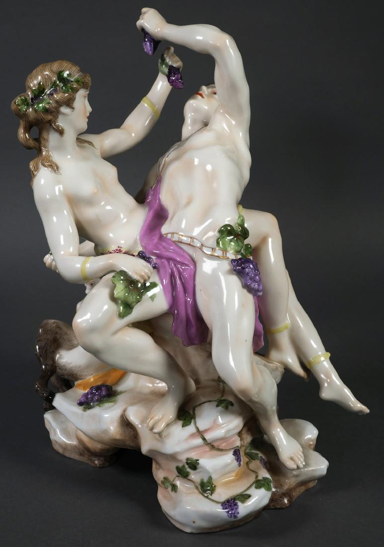 Antique Porcelain Bacchus, WPM Germany: German porcelain statue of Bacchus and another figure holding grapes. Marked with hand painted WPM mark for Wurttembergische Porzellanmanufaktur Bauer, WÃ¼rttemberg. Measures 10 1/2" tall.