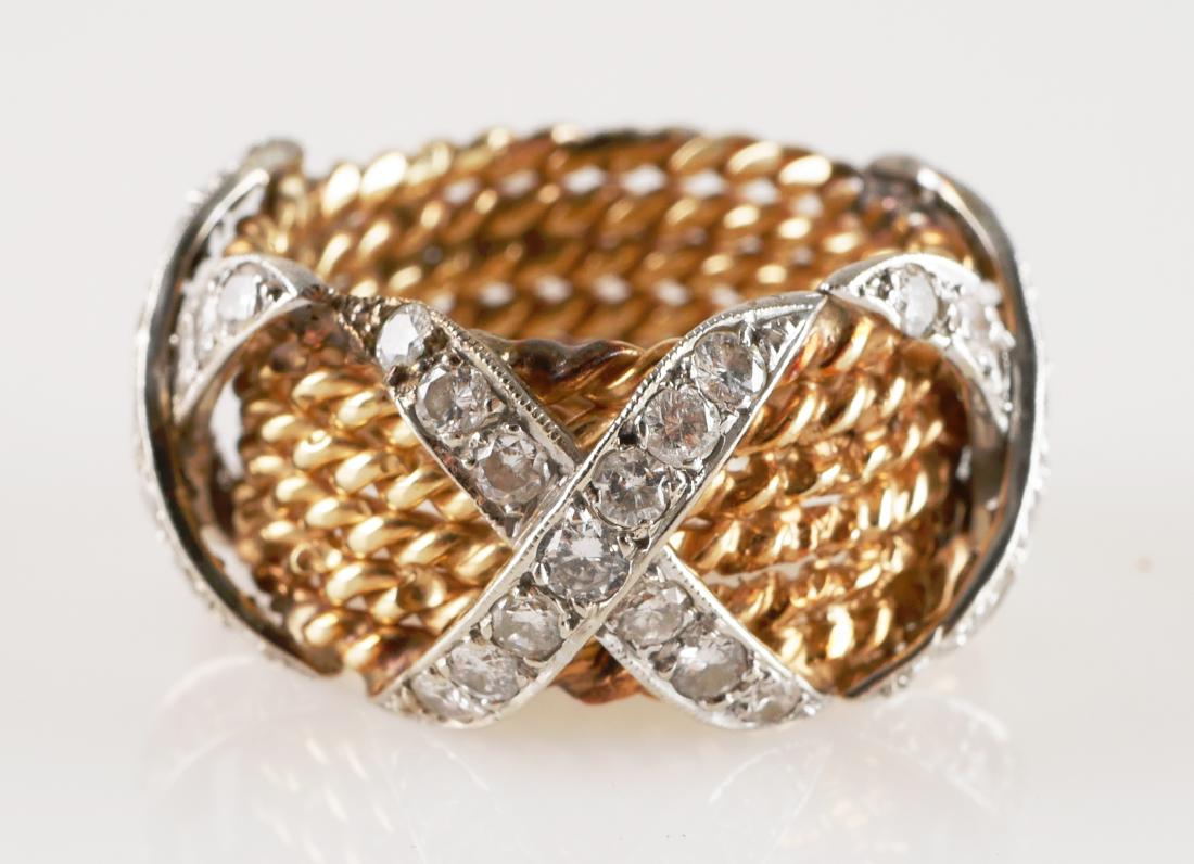 TIFFANY Schlumberger Style X Ring: 14k yellow and white gold, size 6-1/2. Diamonds set in X designs. Unmarked, presumed to be a custom, jeweler-made copy of Tiffany & Co.'s X ring. Weighs about 8 grams.