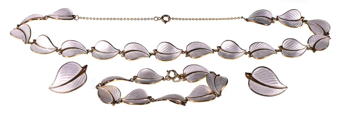 HANS MYHRE Norway Sterling Enamel Parure: Sterling silver and guilloche enamel Scandinavian demi parure by Hans Myhre, including a necklace, earrings and bracelet of foleate links. Pearl white enamel on gold wash sterling.