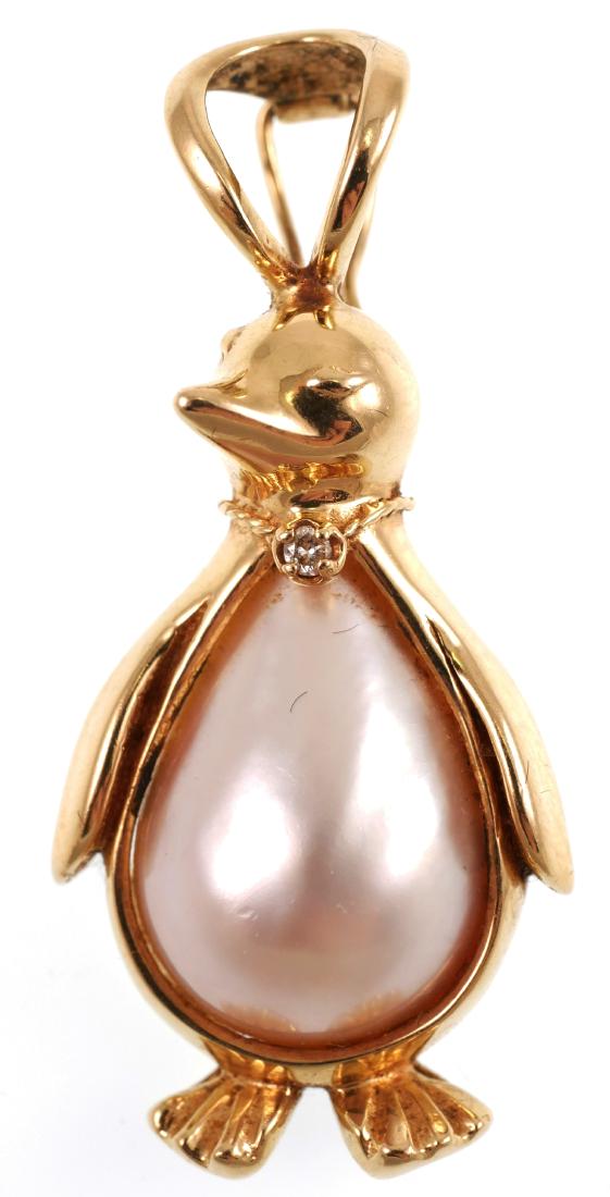 14k Gold & Pearl PENGUIN Pendant: Whimsical penguin pendant with mabe pearl belly and diamond necklace. About 1-1/2" long and 6.5 grams total.