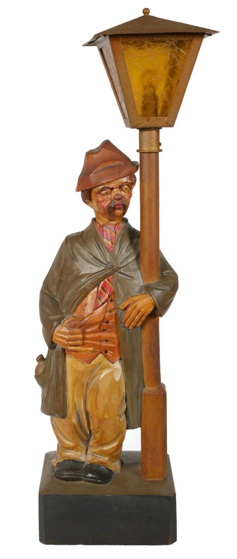 Karl Griesbaum Wooden Automaton Whistler: Carved wooden whistling automaton of a hobo standing by a lamp post, by Karl Griesbaum, with KG mark on back. Measures 18" tall.