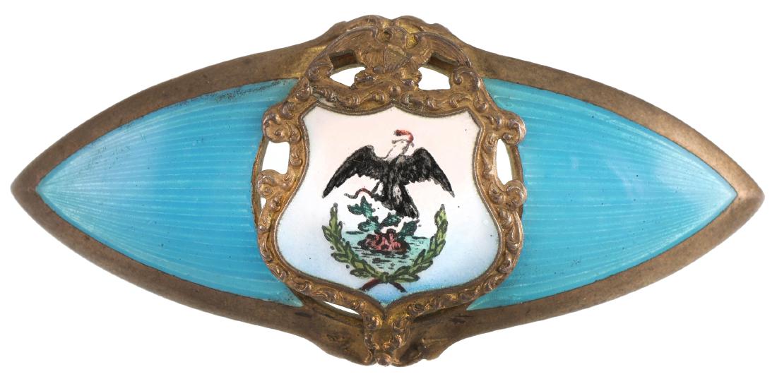 Sterling Silver Enamel Patriotic WWI Pin: Sterling silver guilloche enamel pin, very heavy, with United States eagle. Watson sterling hallmark. Weighs 20.5 grams, 2-1/2" wide. Fine condition.