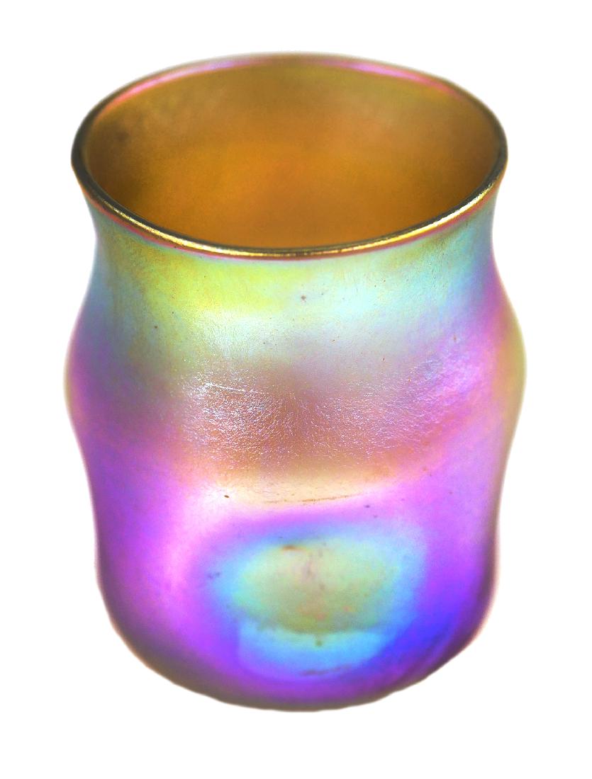 LC TIFFANY Iridescent Art Glass Toothpick Vase: Tiffany art glass toothpick holder or cabinet vase, measuring 2" tall. Excellent condition, with no damage. One of several pieces of Tiffany art glass in today's auction.
