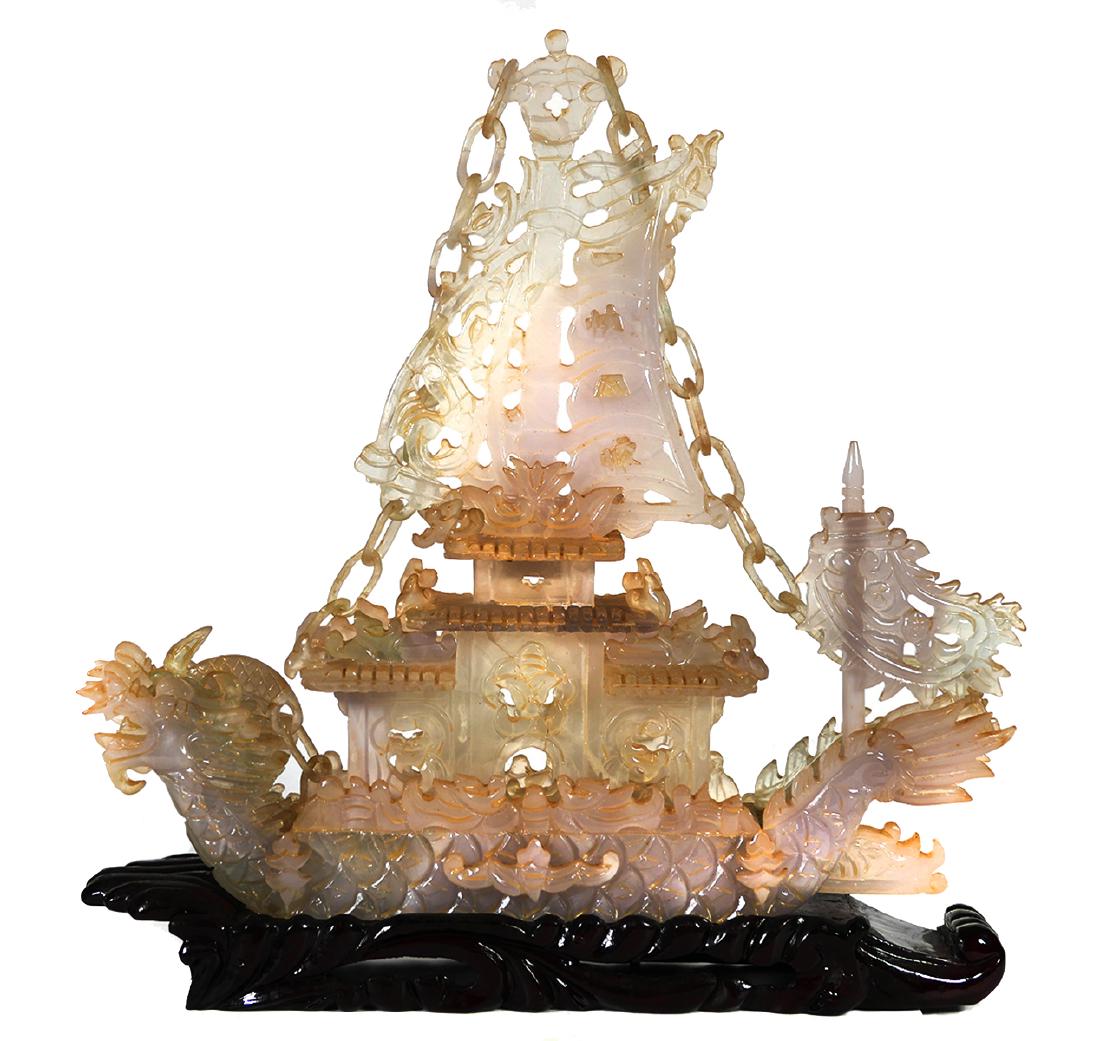 Chinese Jade Dragon Boat Sculpture: Vintage Chinese hardstone "jade" dragon ship, measuring 15-1/4" high and 15" long on carved wood plinth. One chain has a broken link, and there are a couple of eyelets that need to be reglued. Overall